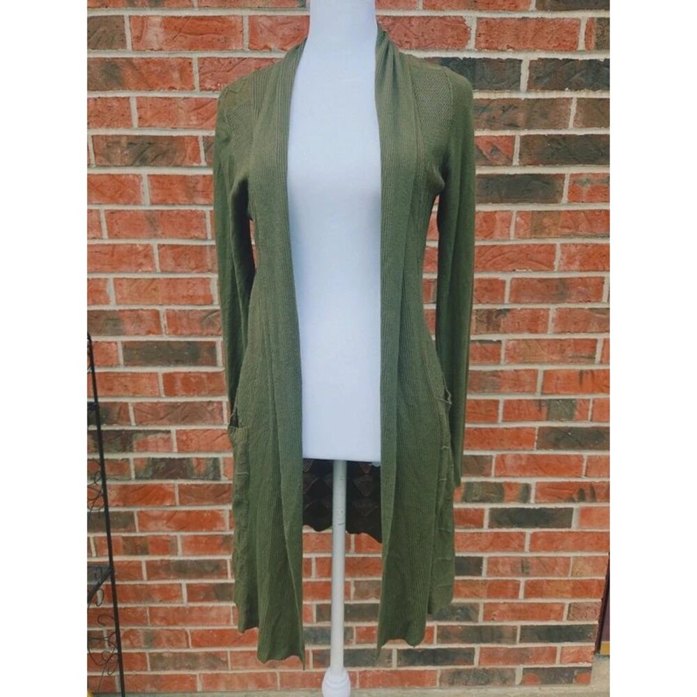 Dreamers Olive Green Open Front Long Cardigan Duster Sweater Sz M Knit Pockets